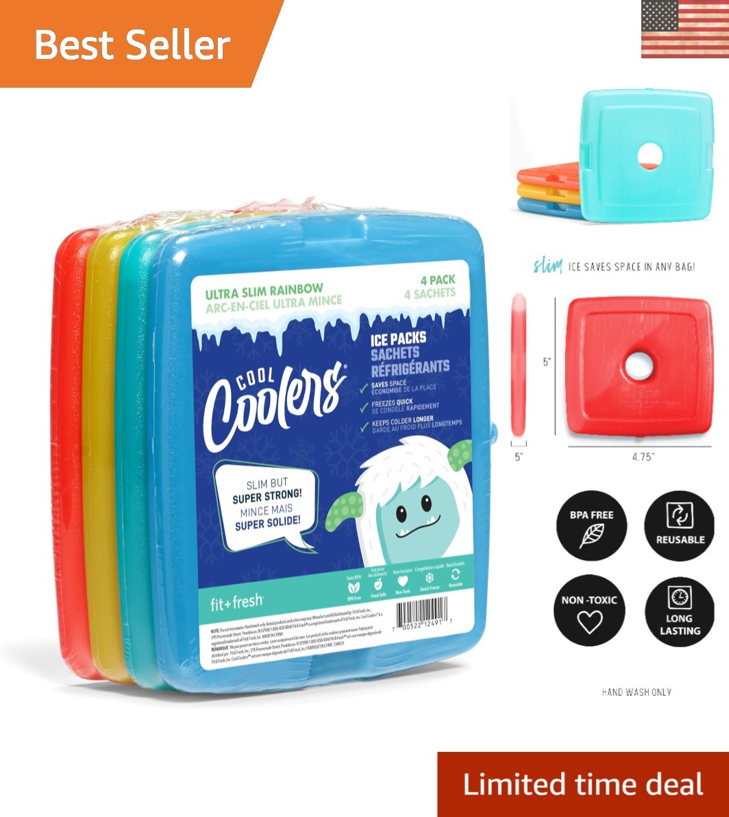 Cool Coolers by Fit & Fresh 4 Pack XL Slim Ice Packs, Quick Freeze Space Saving