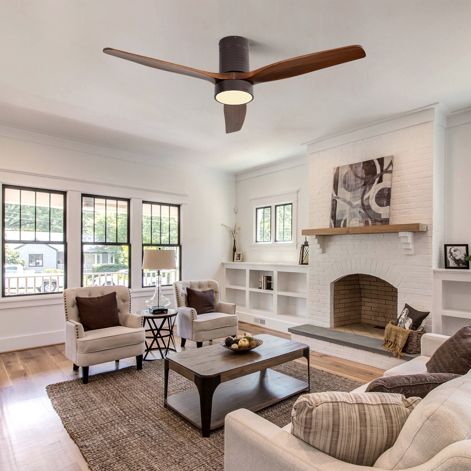 52"Flush Mount Ceiling Fan with LED Light and Remote Control Solid Wood Blades