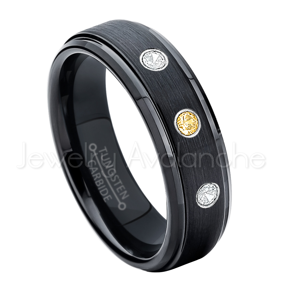 0.21ctw Citrine & Diamond 3-Stone Ring, November Birthstone, Tungsten Ring #085