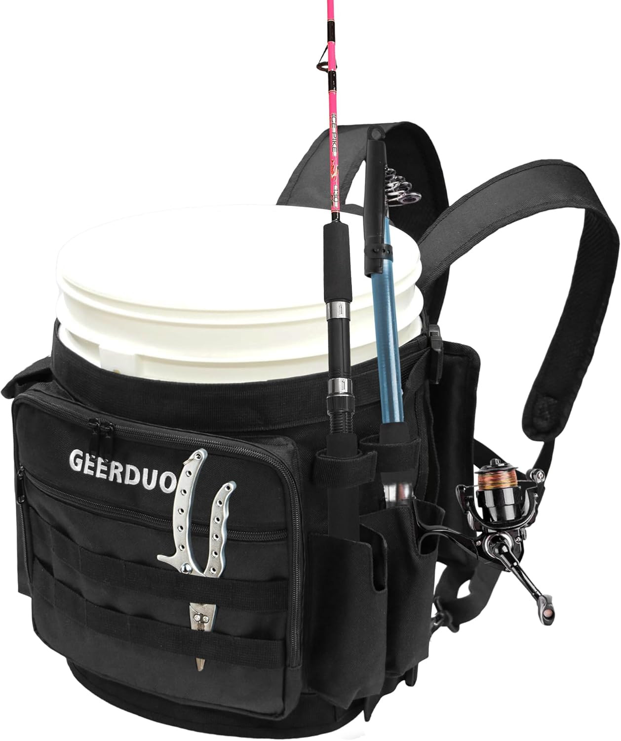 Fishing Bucket Backpack with Rod & Plier Holder and Pockets for Fishing, Hunting