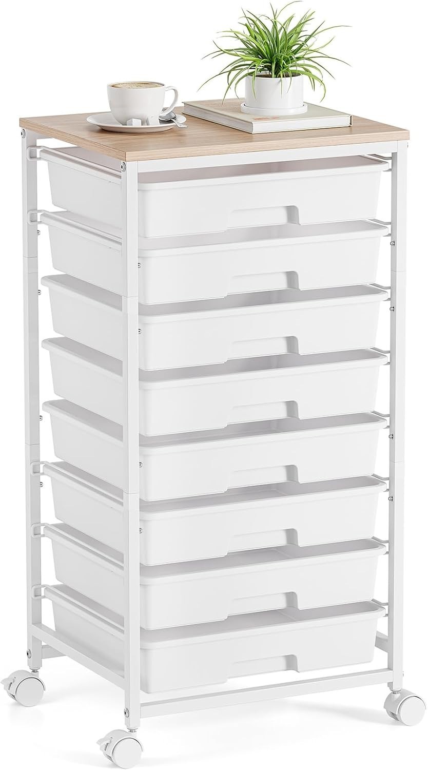 Storage Cart 8 Drawers Utility Cart Wooden Top Classroom Organizer White