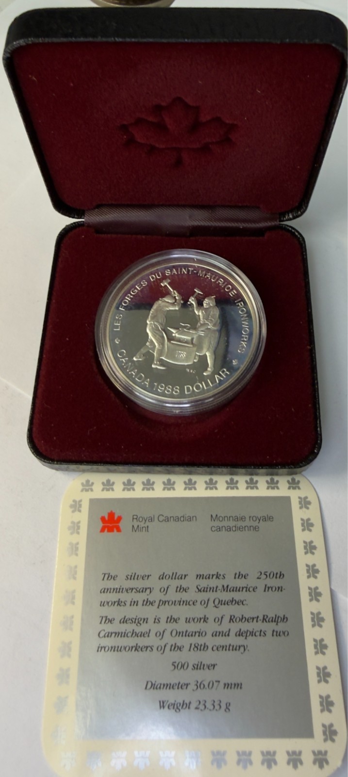 1988 Canada Proof Dollar -50%Silver-250th Anniversary of Saint- Maurice Ironwork