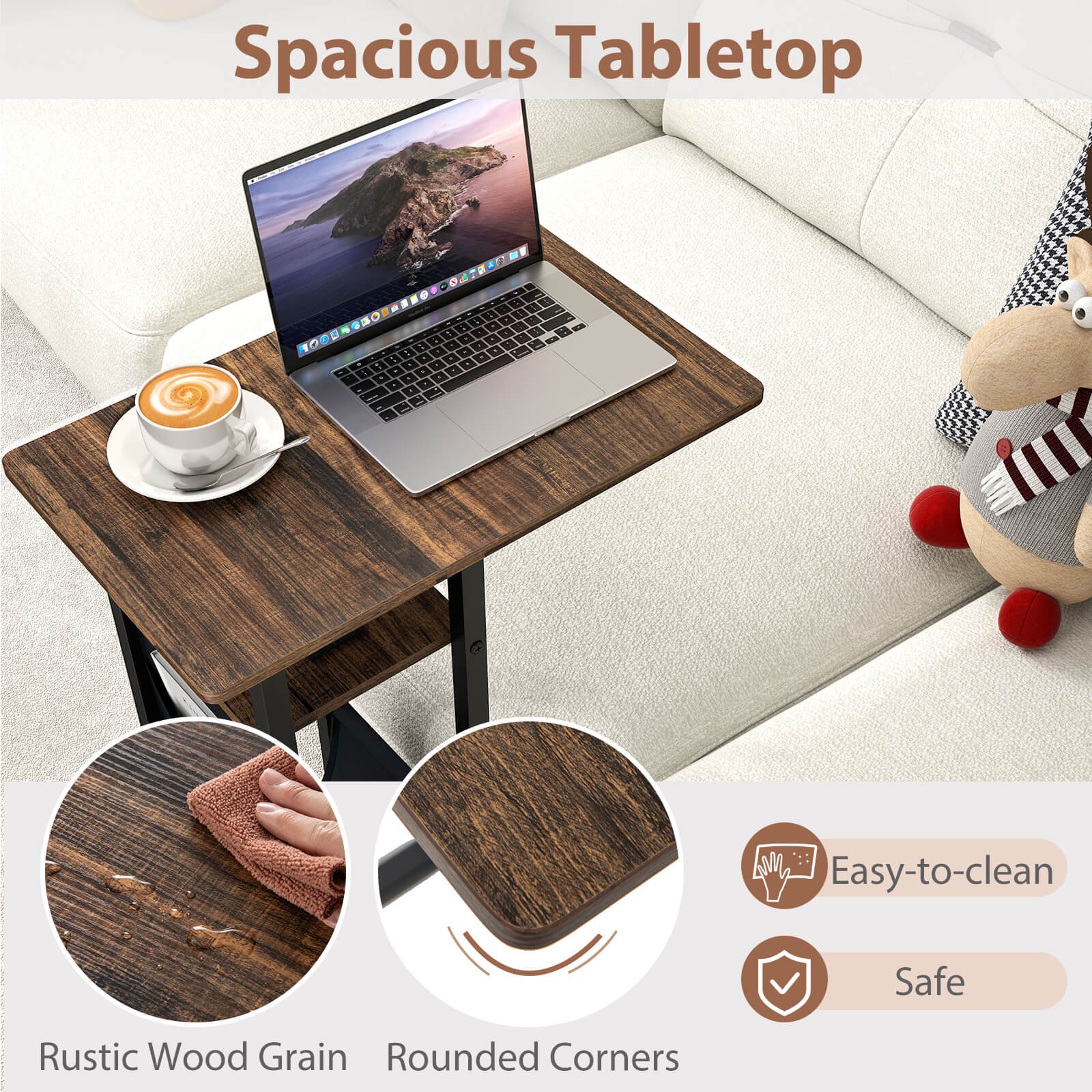 C-shaped End Table with Charging Station Rolling Bedside Table Couch Side Table