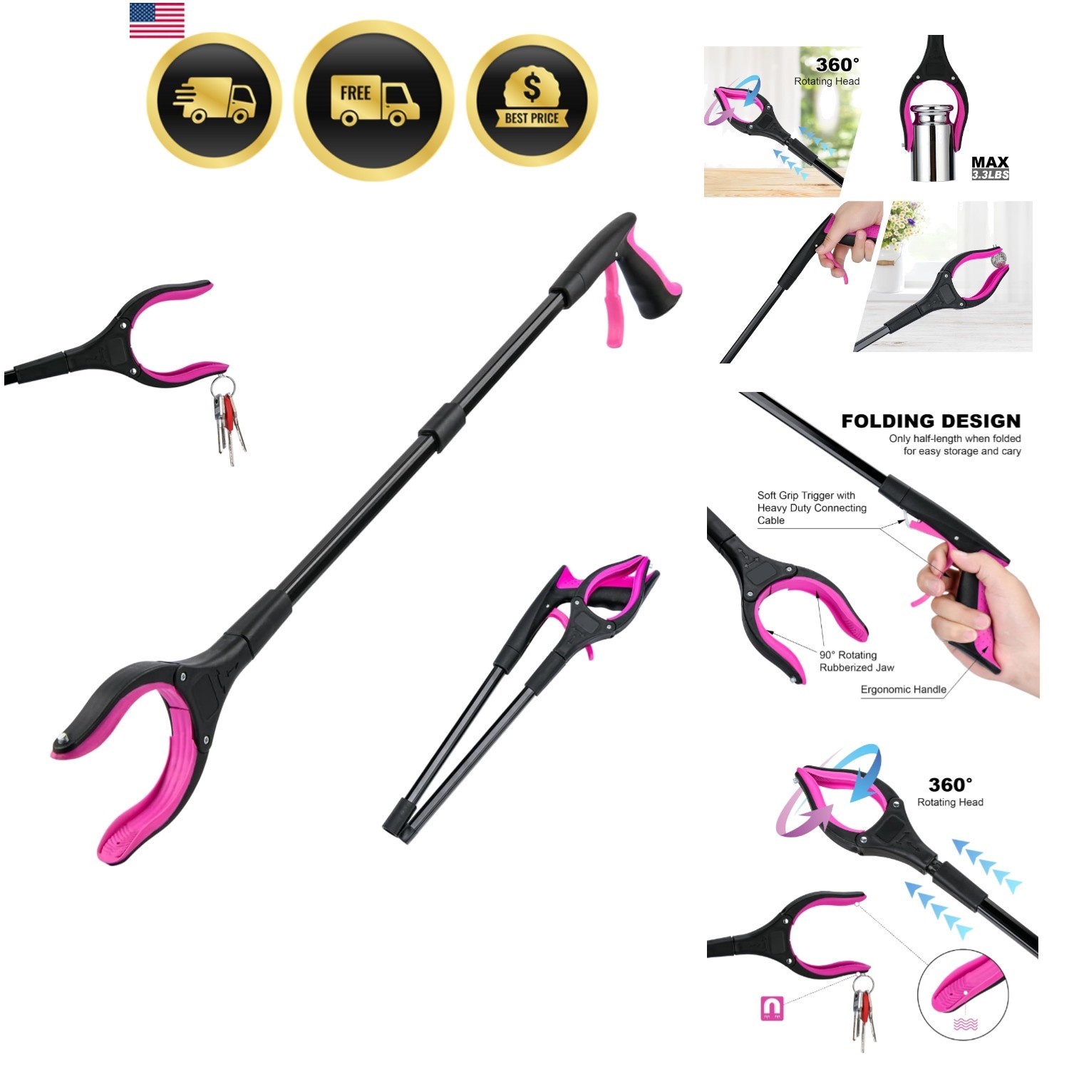 32" Grabber Reacher Tool, 360° Rotating Head, Wide Jaw, Foldable Reacher Grab...