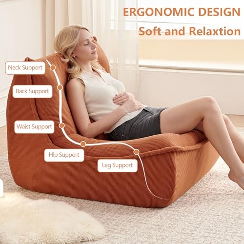 Bean Bag Chair for Adults, Single Lounge Chair with Lumbar Pillow, Comfy Orange