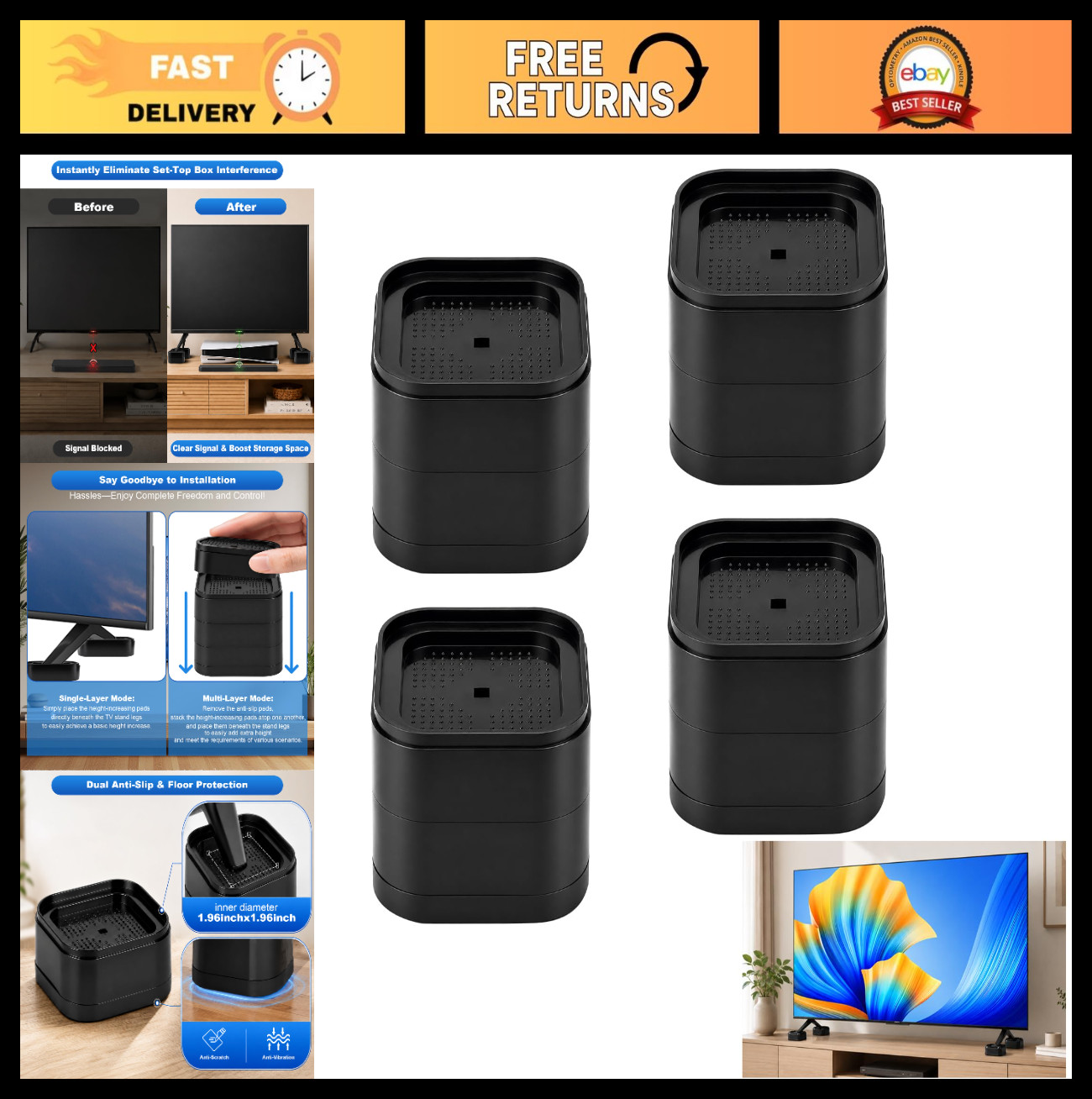 8 Pcs Heavy Duty Stackable TV Riser Blocks, Adjustable 1.4" to 2.4" Height, 100