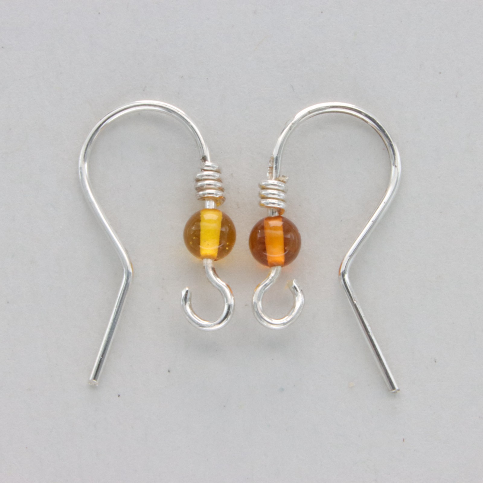Pair of 925 STERLING SILVER Fish French Hoops Earrings with Amber Ball #33