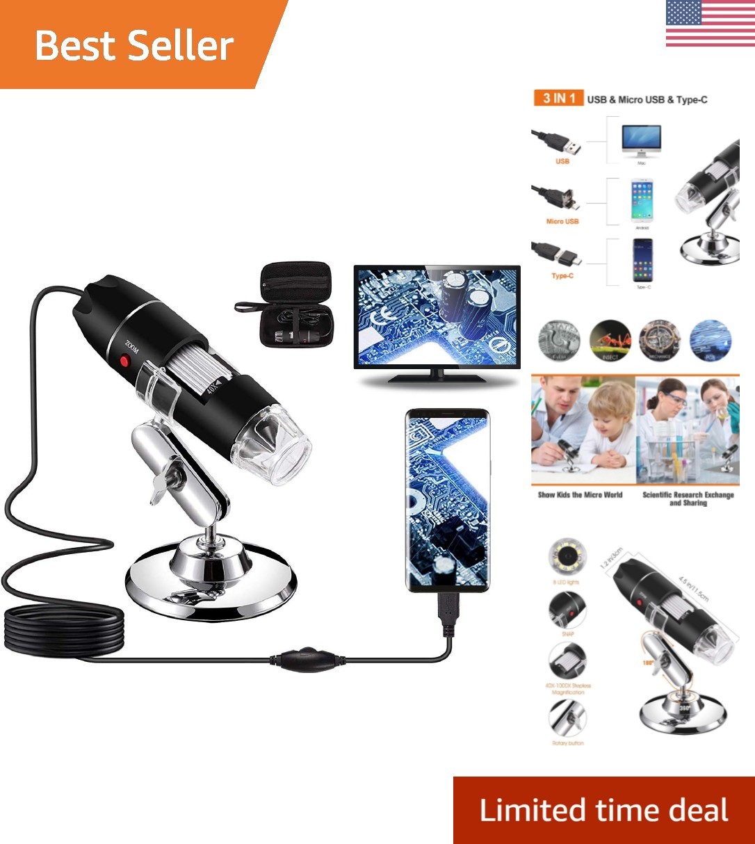 Multi-Platform USB Microscope 40X-1000X, Perfect for Collectors & Hobbyists