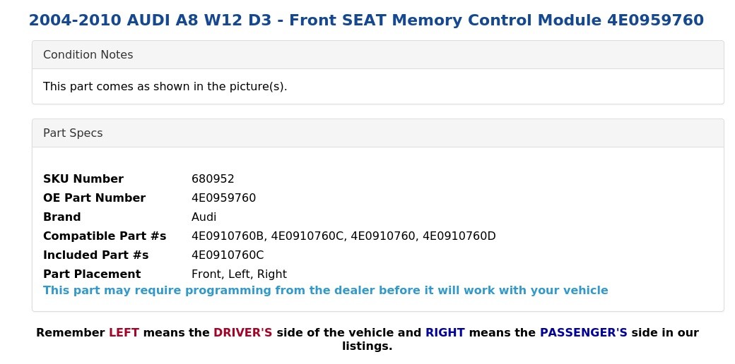 2004-2010 AUDI A8 W12 D3 - Front SEAT Memory Control Module 4E0959760
