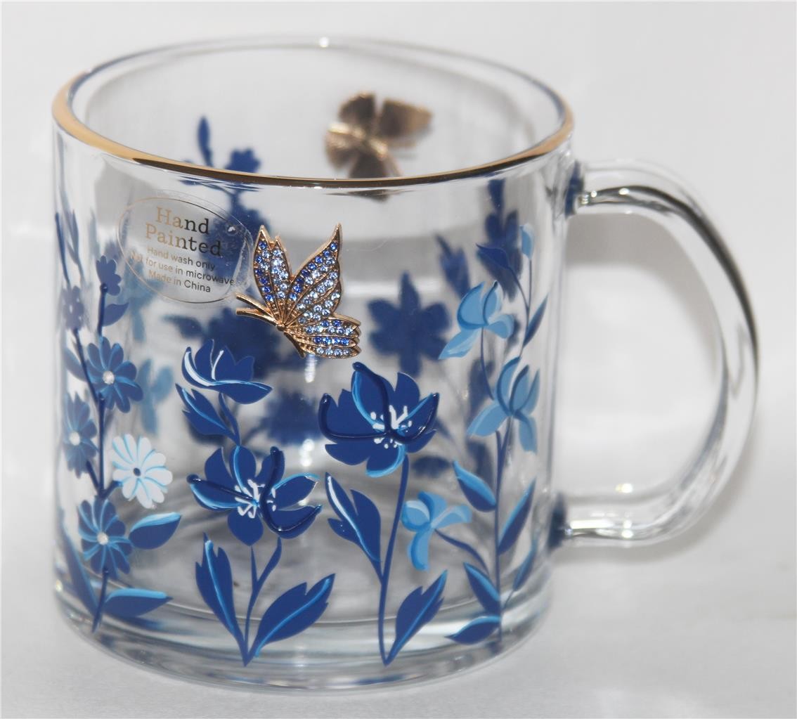 Large Rhinestone Butterflies Flowers Handpainted 20 Oz HVY Clear Glass Mug NEW