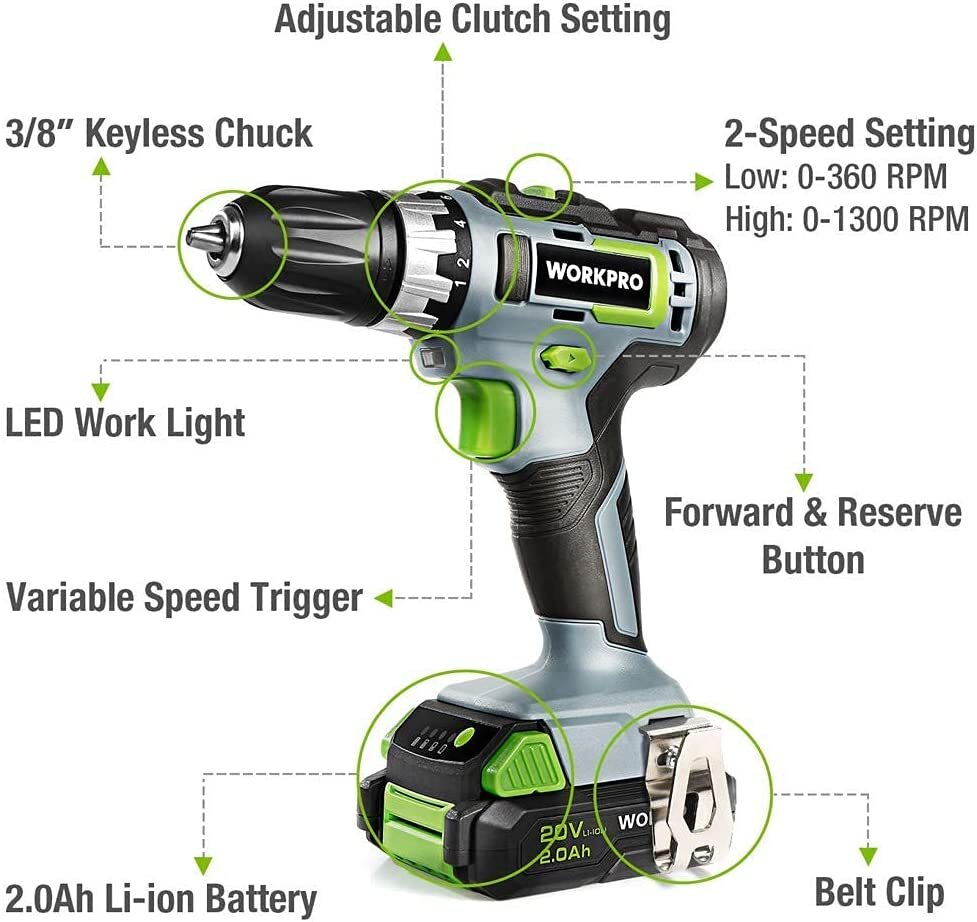 20V 3/8" Cordless Drill/Driver Kit 18+2 Torque Variable Speed 2A Battery Charger