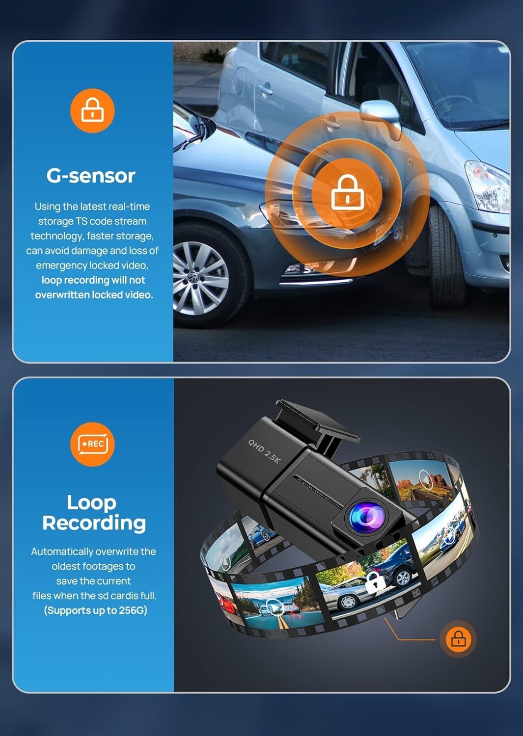 2.5k WiFi Dashcams,Dash Camera with APP, 32 GB SD,Night Vision