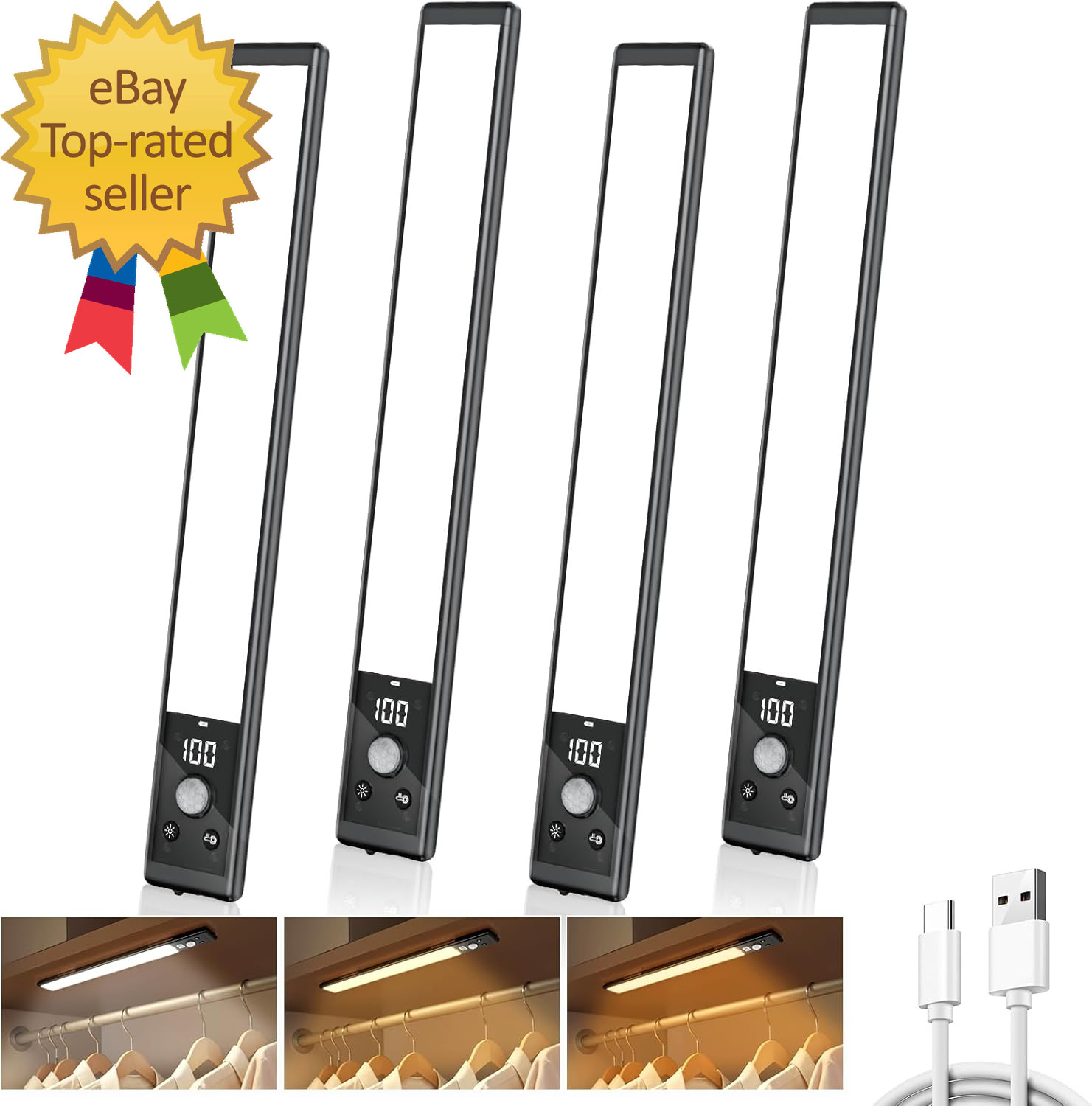 4 Pack 10 under Cabinet Lights with Digital Display 52 LED Rechargeable Motion
