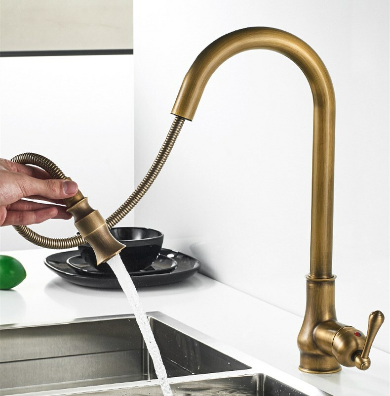 Brass Kitchen Faucet Pull out Sprayer Antiuqe Mixer Tap Sink Faucet Classic