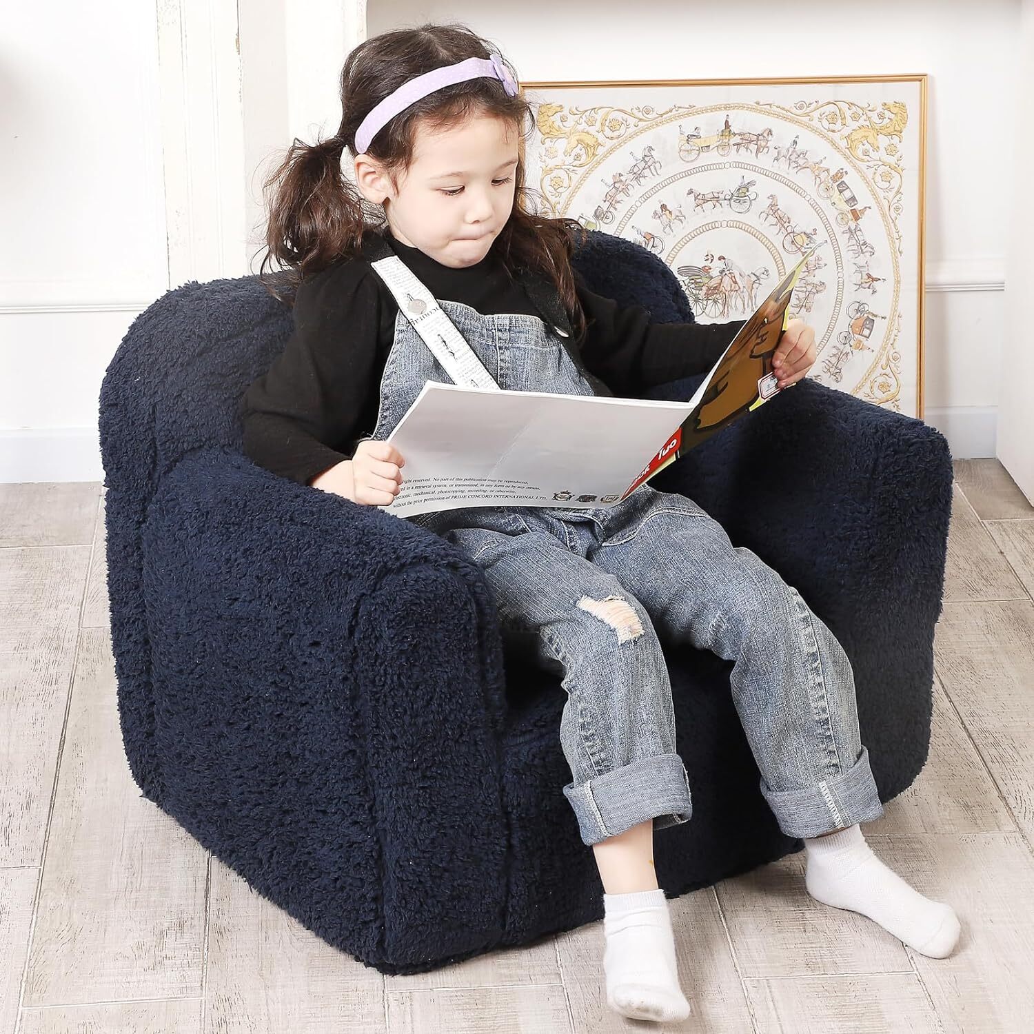 Kids Snuggly-Soft Sherpa Chair, Cuddly Toddler Foam Chair Dark Blue