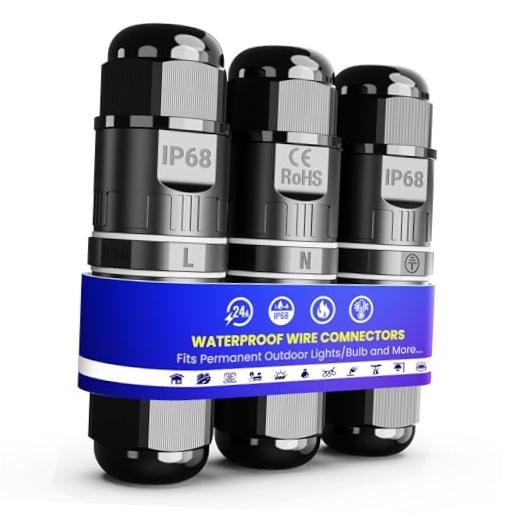 IP68 Tool-Free 3-Pin Waterproof Electrical Connector Box | Black - 3 Pack