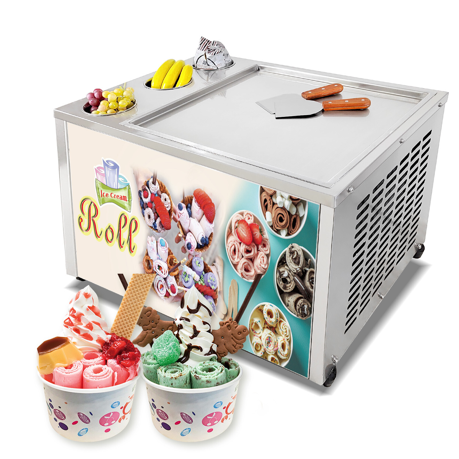 Kolice commercial ice cream roll machine, square pan with 3 tanks