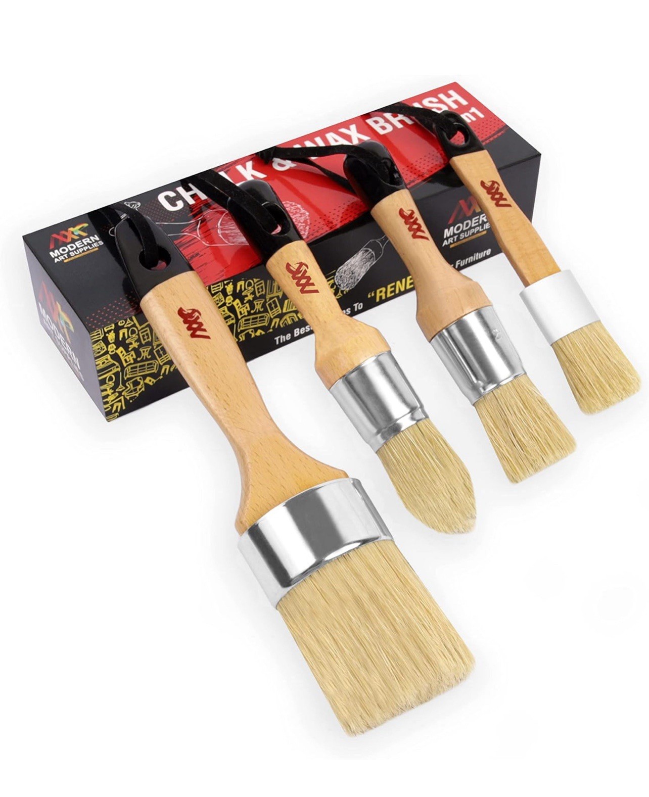 Chalk Wax Paint Brush 4Pcs Set Including 3 Small for Furniture Painting and 1 La