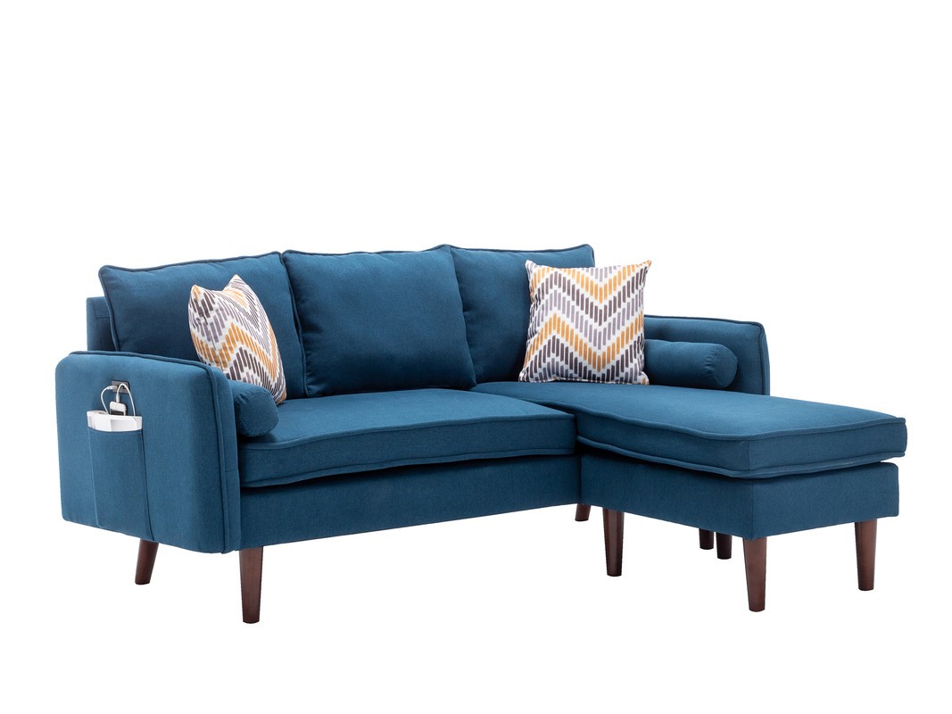 Mirella 70"W Blue Sectional Sofa Chaise with USB Charger & Pillows