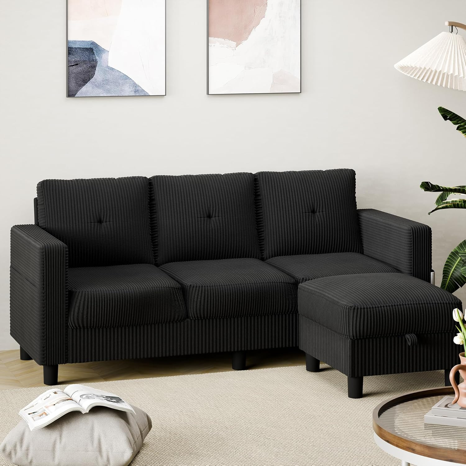 Shintenchi Modern Upholstered Sectional Sofa, L-Shaped Couch with Storage Ottoma