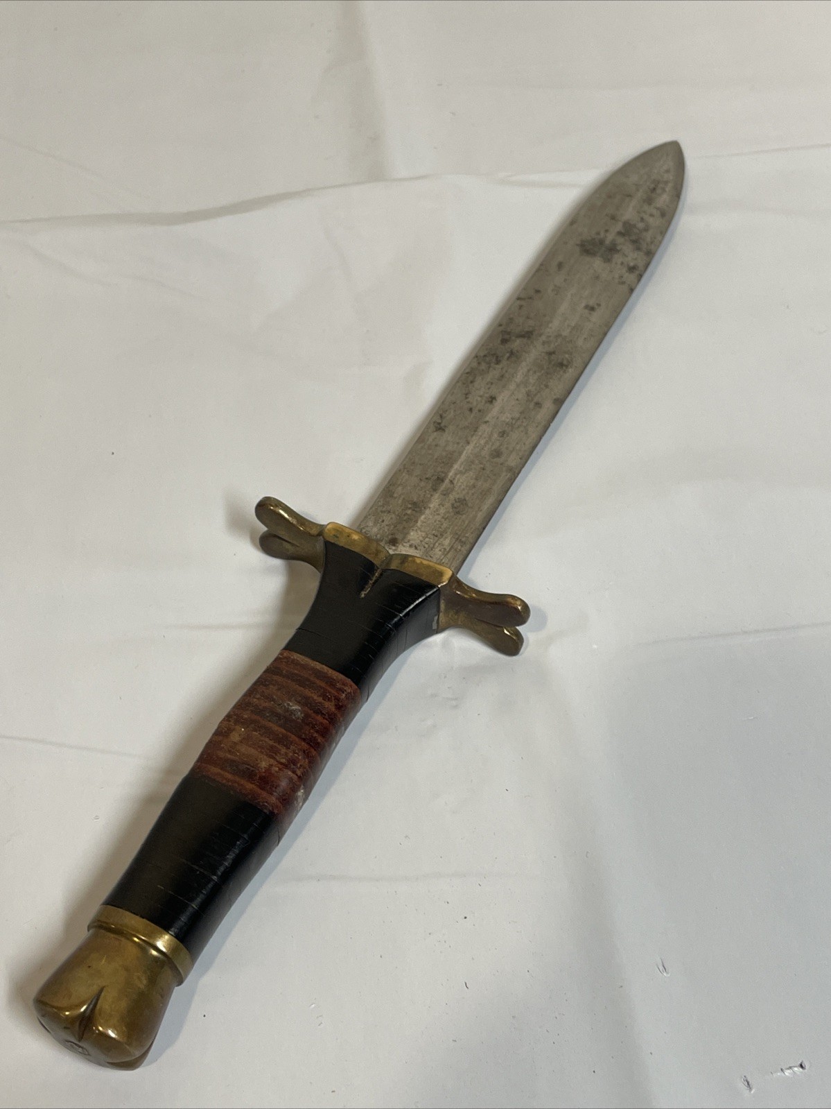 Vtg Dagger Fixed Blade Knife Leather Handle Brass Guards Sweden