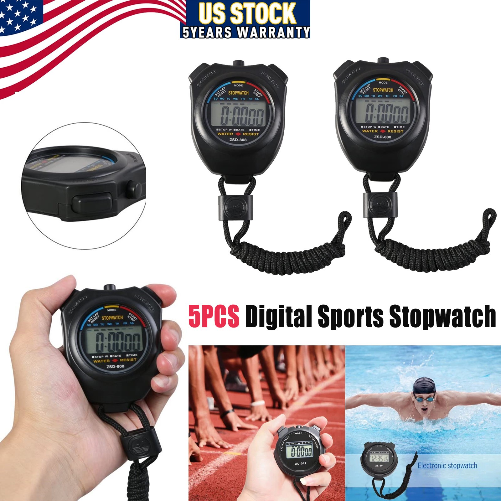 New Digital Handheld Sports Stopwatch Stop Watch Timer Alarm Counter 5 Pack USA