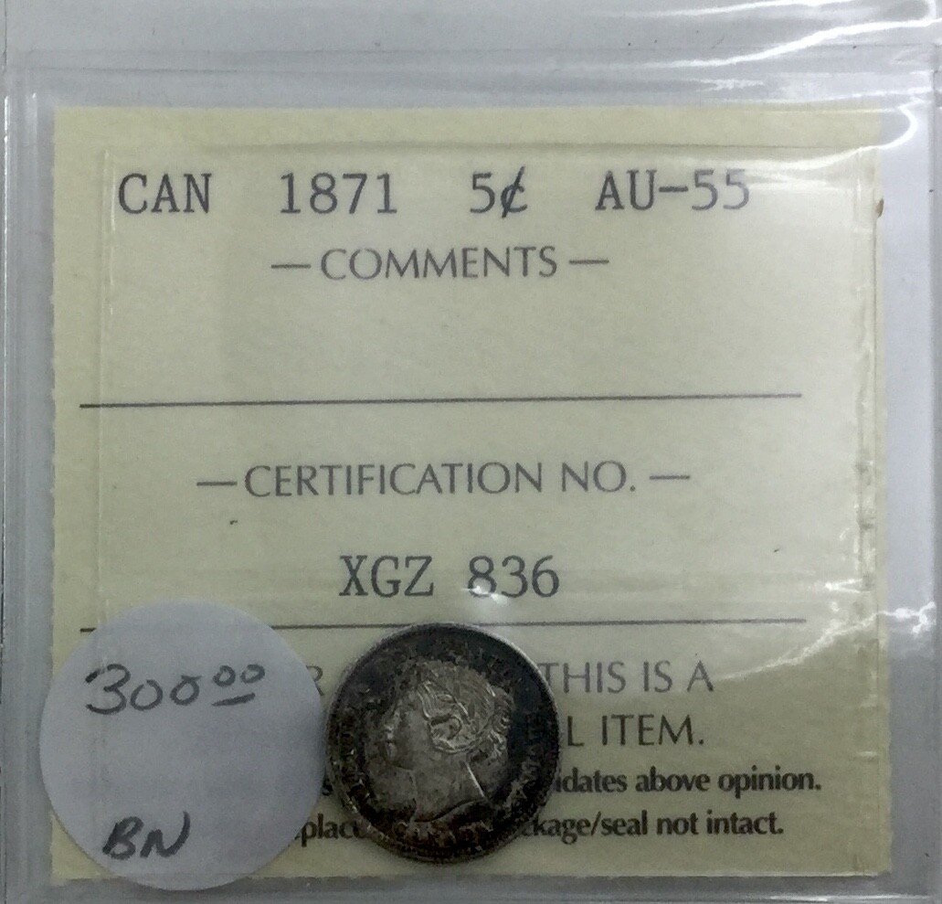 Canada 1871  5 Cents Silver  Graded ICCS AU55 Semi Key Date Scarce