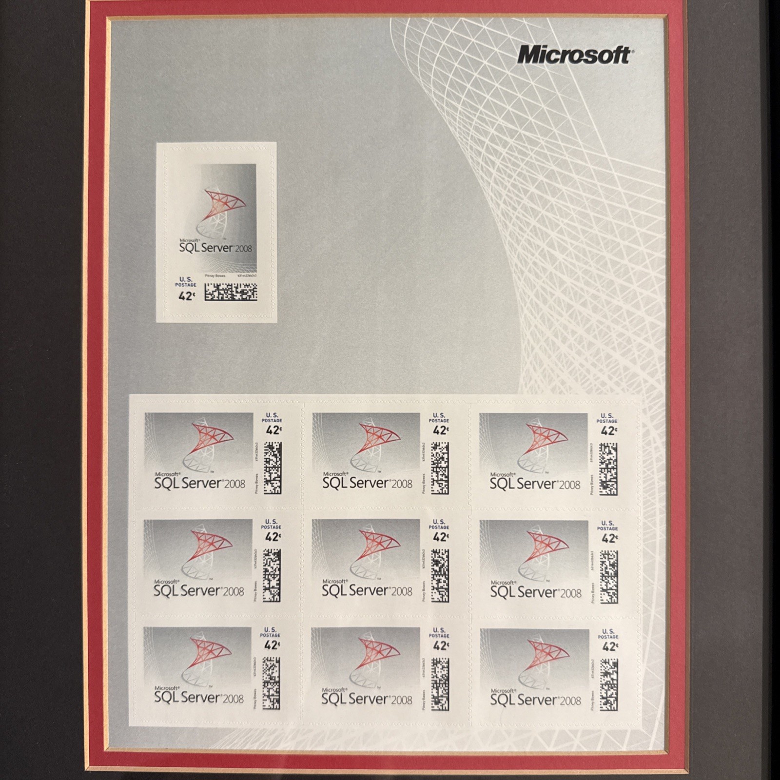 Microsoft SQL Server 2008 Commemorative Stamp Sheet - Collectible - Framed