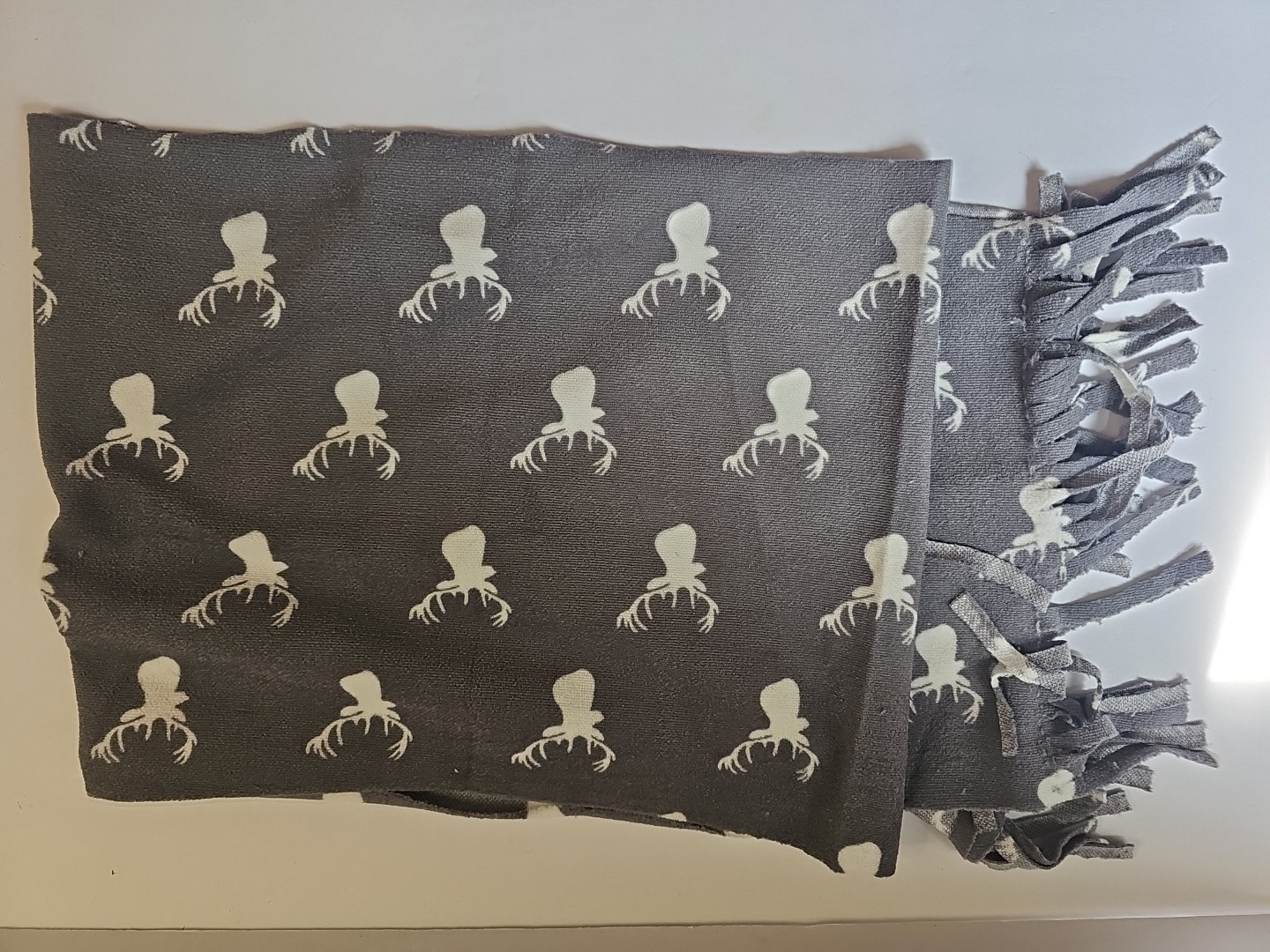 Buck Antler Print Neck Scarf 10x56" Hand Made OOAK Soft Fabric Gray White