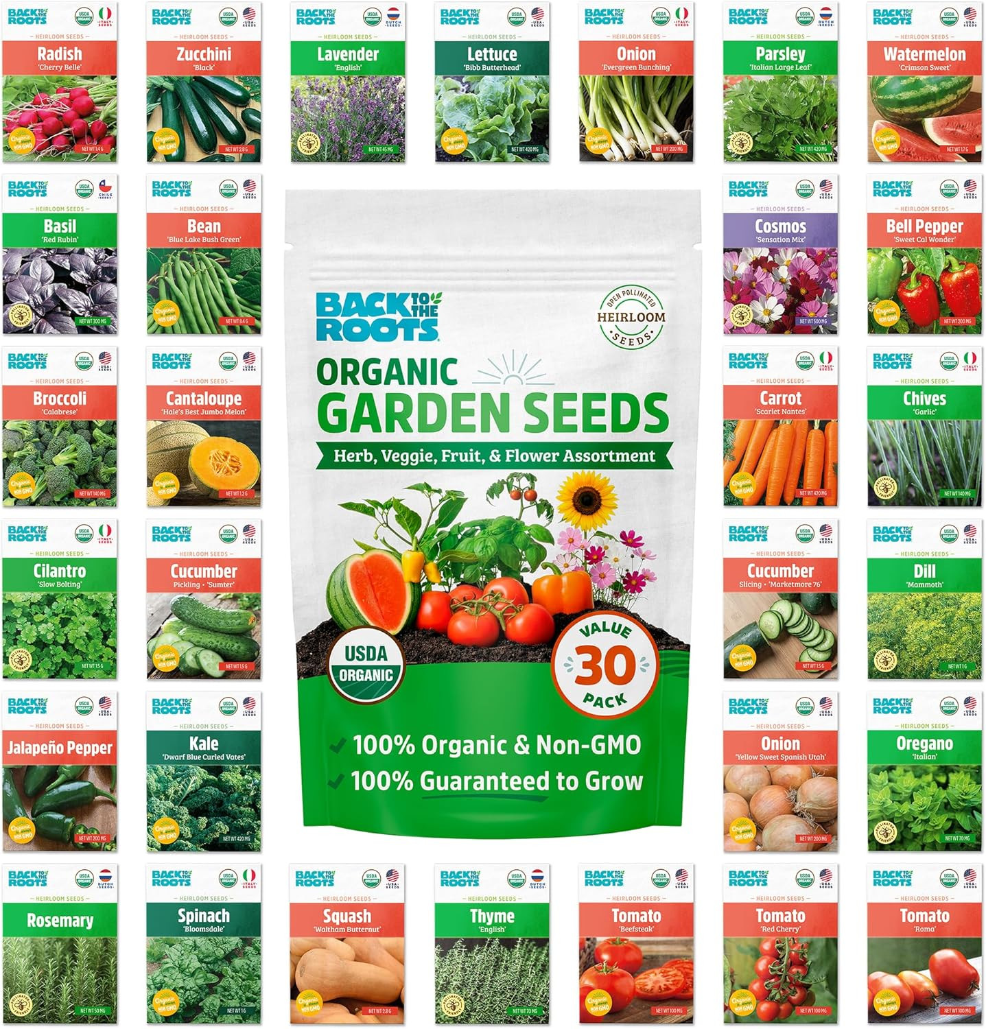 Heirloom Organic, Non-Gmo & USA Grown Seeds, 30Ct Herb, Fruit, Flowers, and Vegg