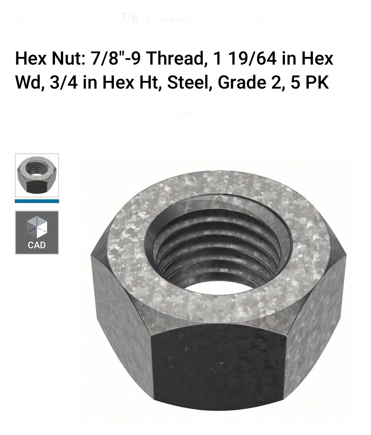 Hex Nut: 7/8"-9 Thread, 1 19/64 in Hex Wd, 3/4 in Hex Ht, Steel, Grade 2, 5 PK