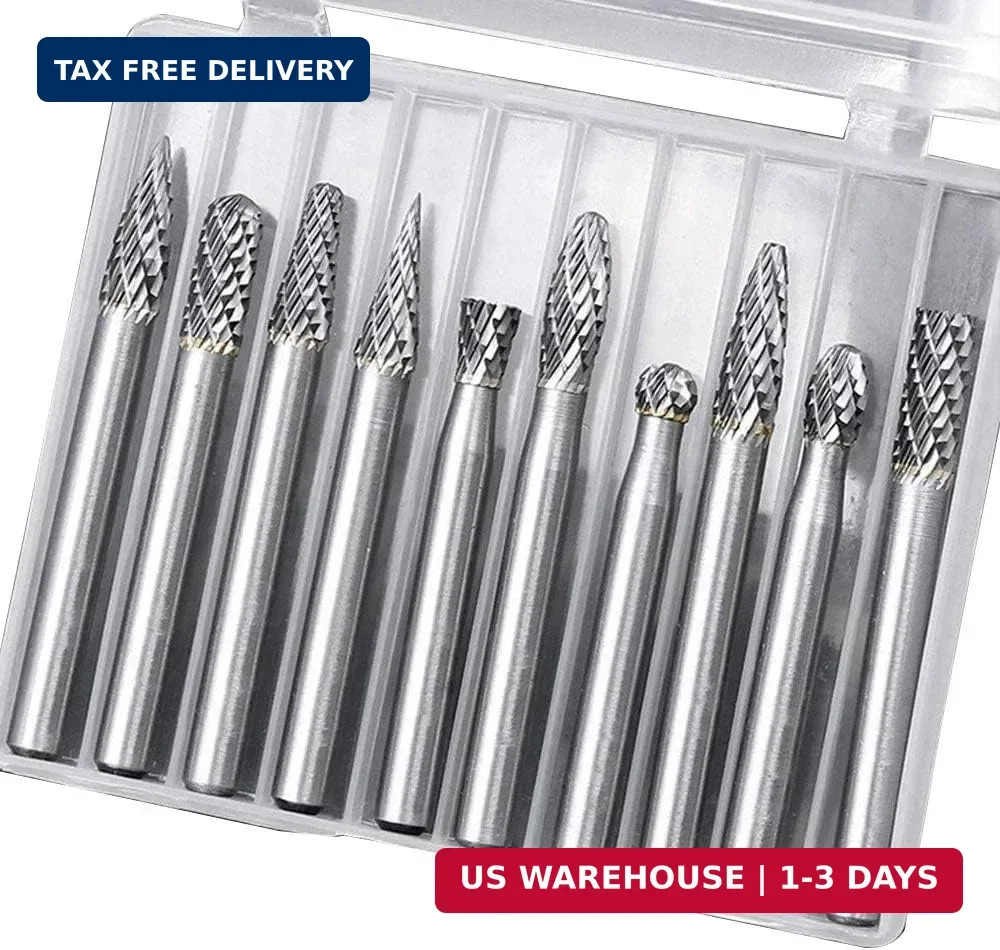 Eyech 10Pc Tungsten Carbide Burr Set 1/4 Shank Double Cut Rotary Cutting Burr
