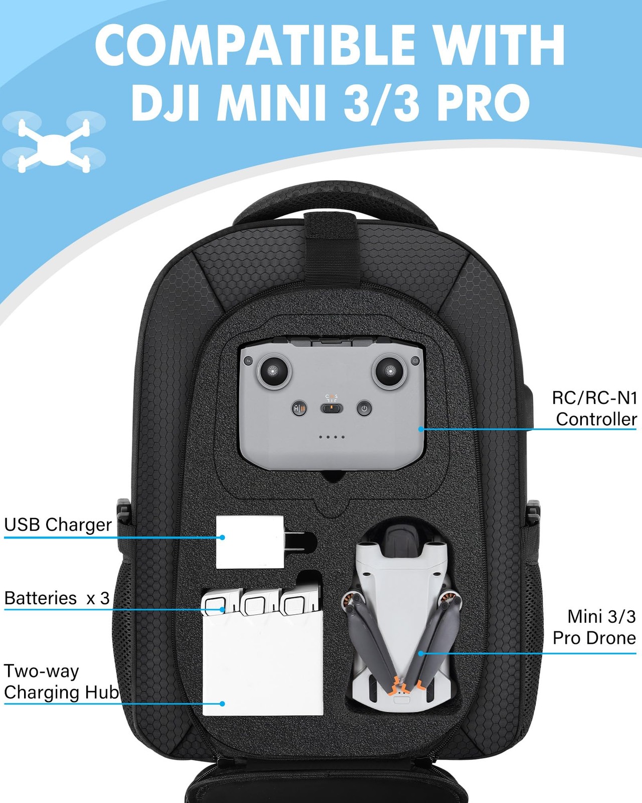 PEKREWS Mini 4 Pro Case, 3/4 Waterproof Hard Carrying Large, Black