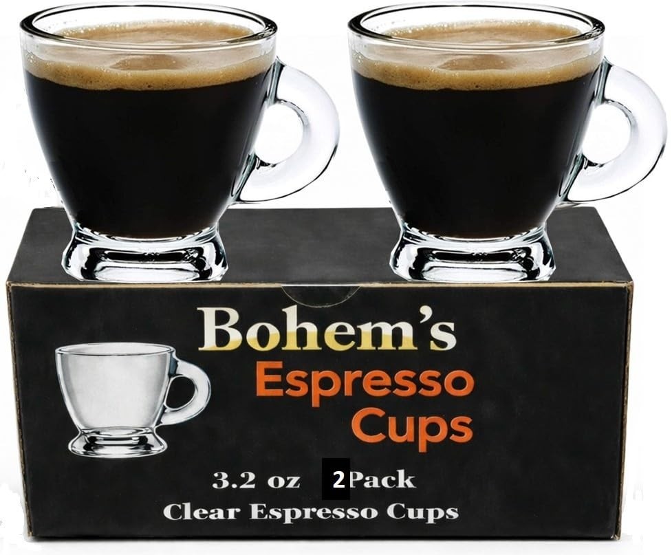 BOHEM'S Espresso Cups, 3.2 oz Small Set of 2, Clear with Black Handles