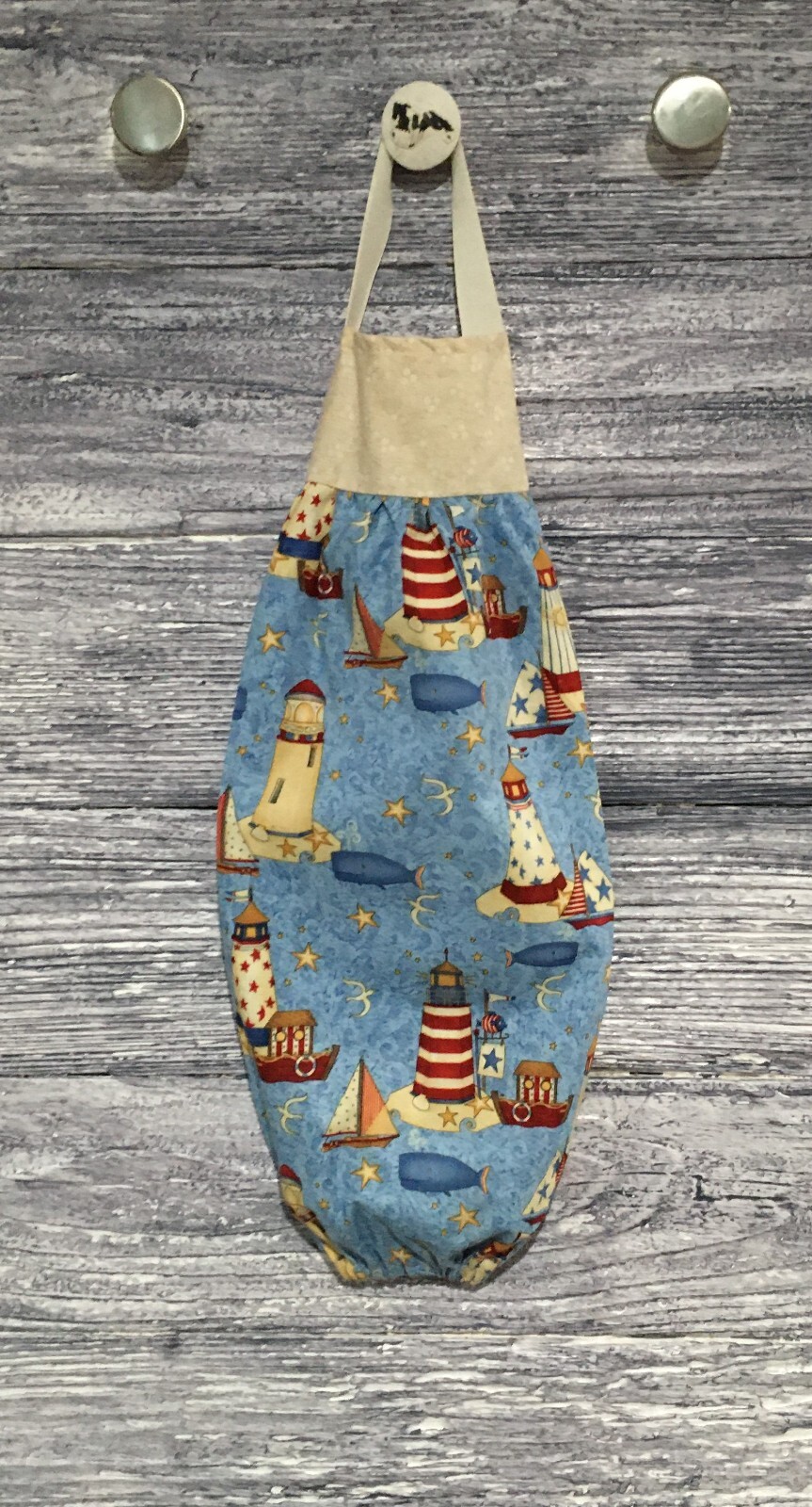 Plastic Grocery Bag Rag Sock Holder Lighthouses Whale Sailboat Stars on Lt Blue