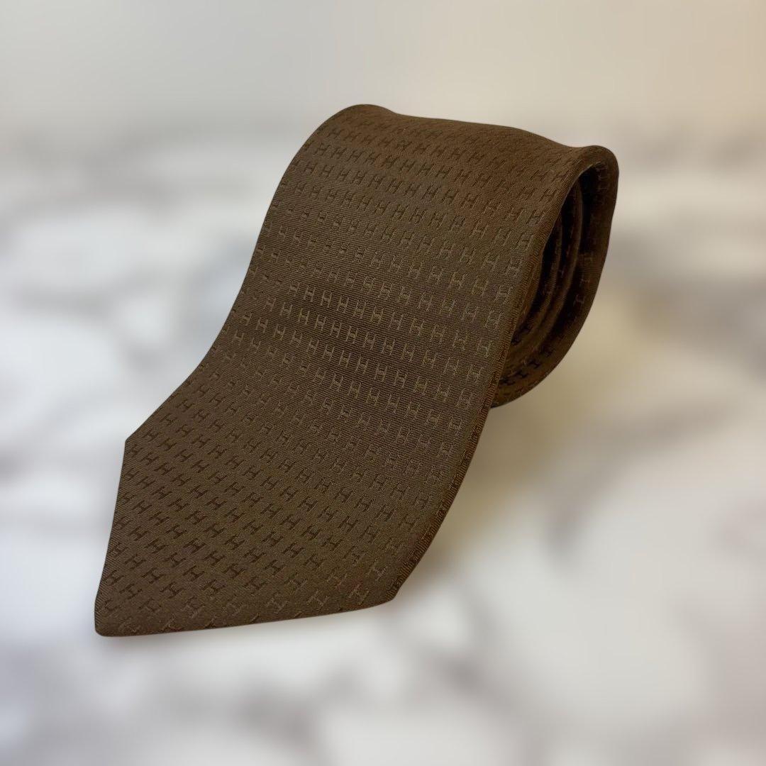 HERMES tie fasone brown H pattern embroidery all over