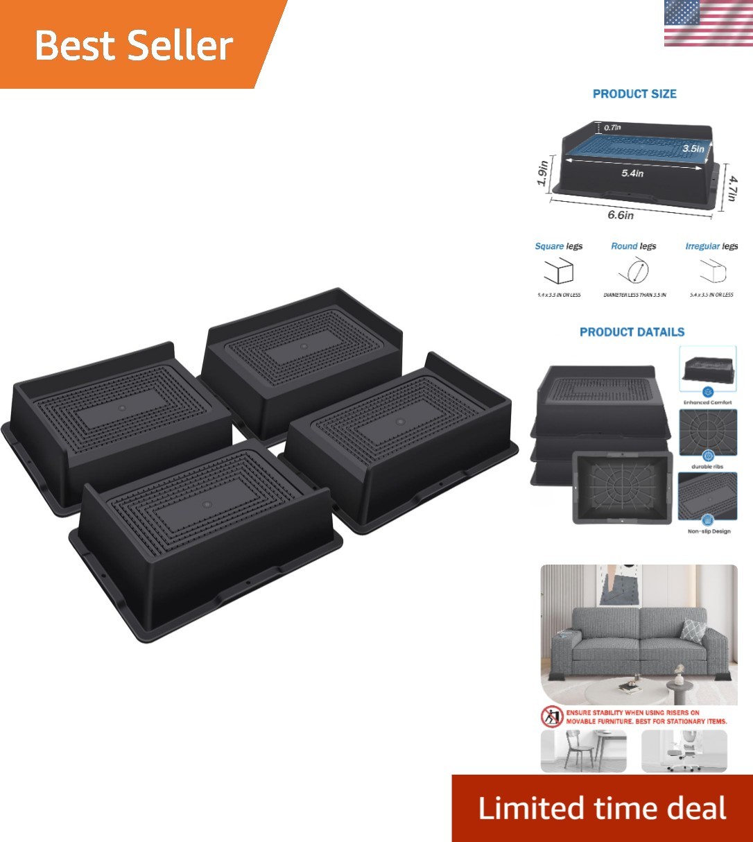 Bed Risers 2 Inch Heavy Duty,Oversized Couch Risers, Extra Wide Furniture Ris...