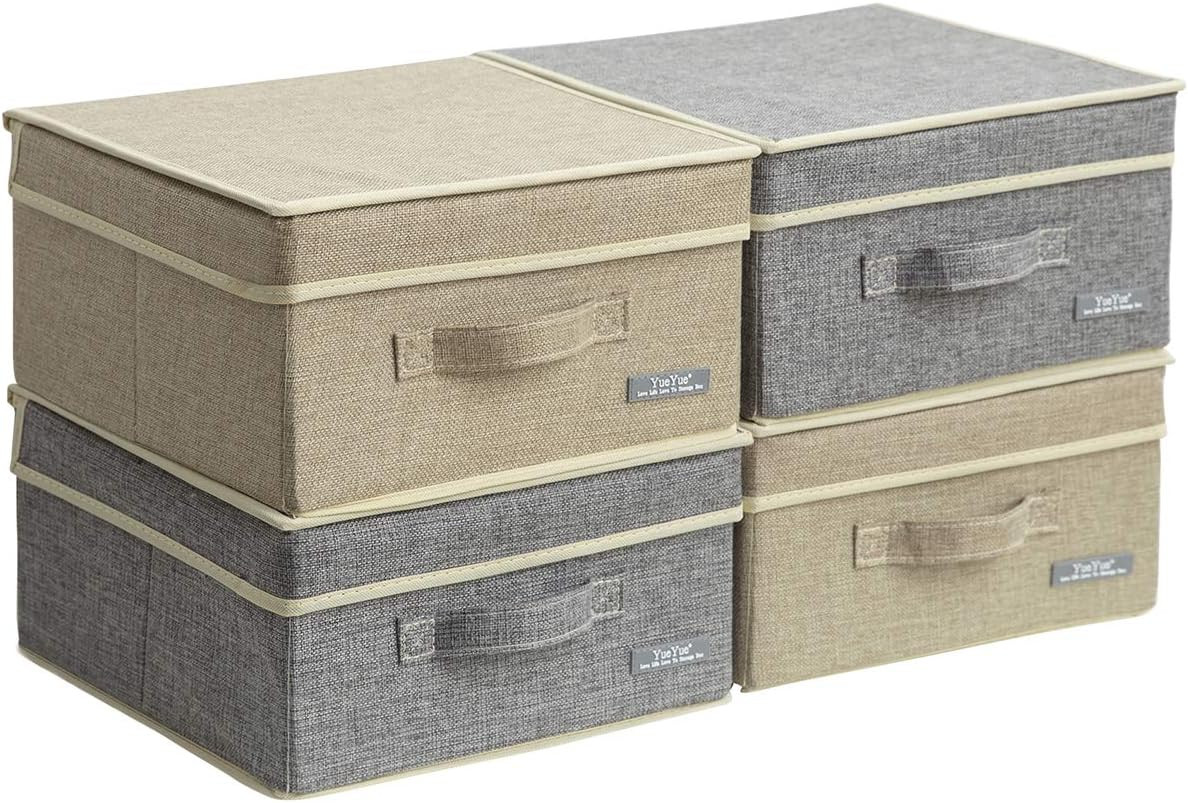 YueYue 4 Pack Small Fabric Storage Box with Lids, Foldable Linen Storage Box wit