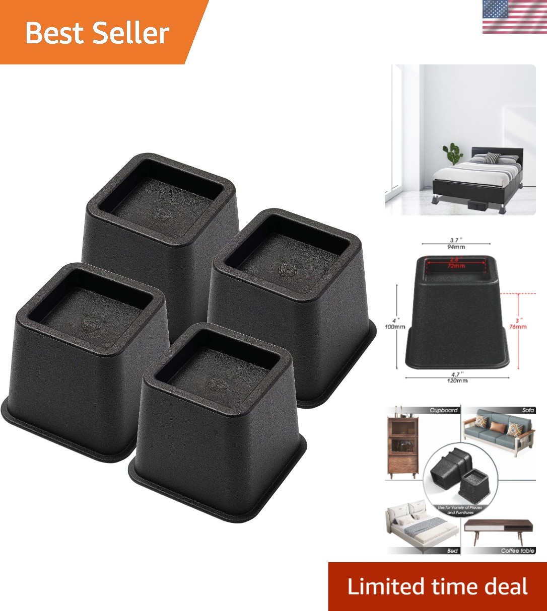 Bed Risers 3 Inch Set of 4 Heavy Duty Square Furniture Lift for Couch Desk
