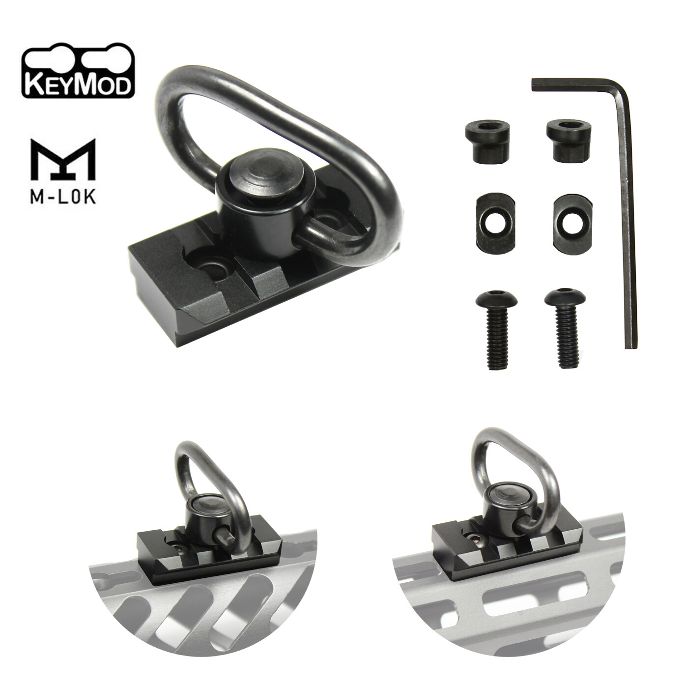 Keymod & M-LOK 3 Slot Picatinny Rail Section with QD Push Button Sling Swivel