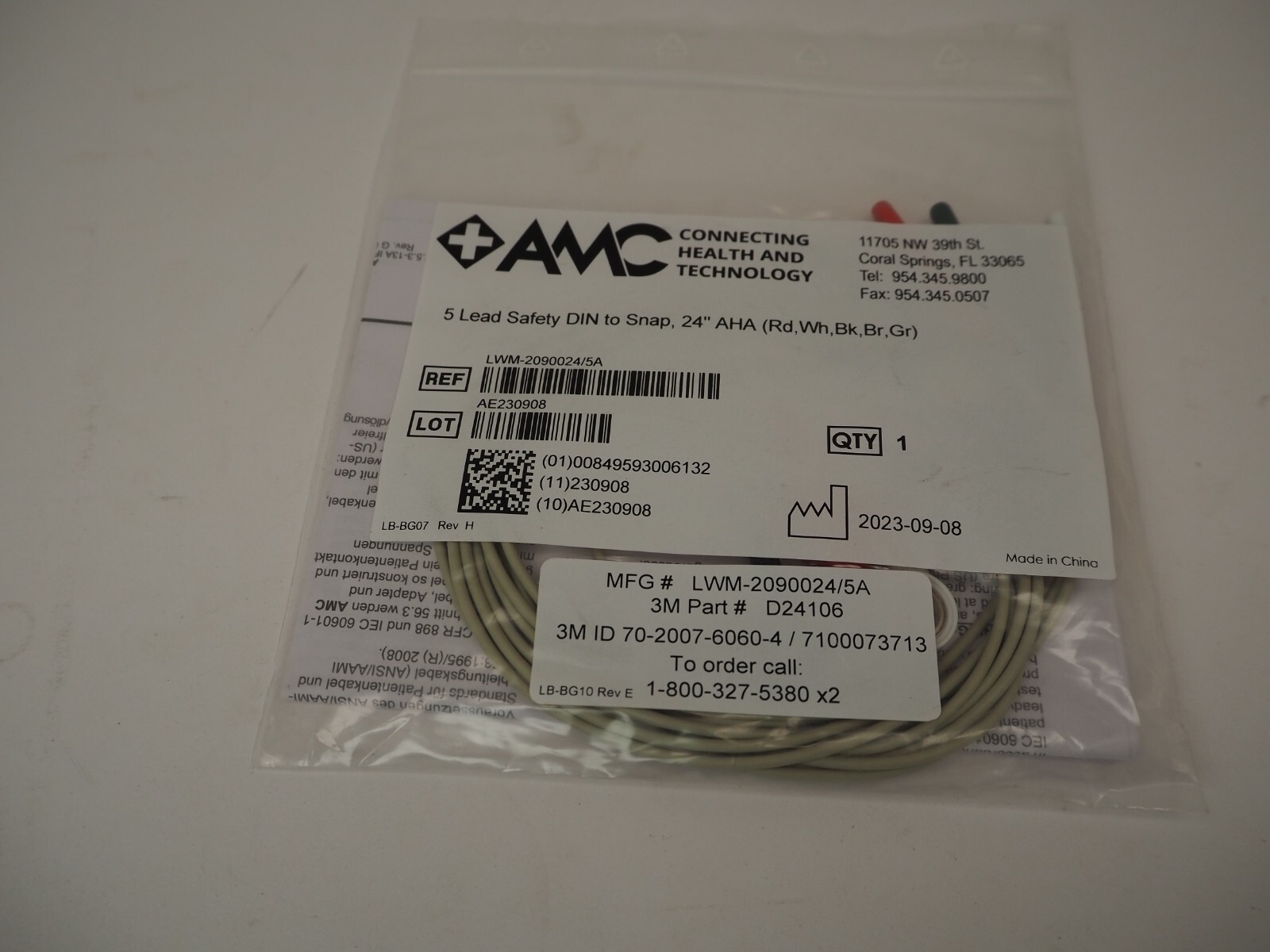 AMC LW-2090024/5A Curbell Compatible 5 ECG Lead Wire DIN to Snap 24" AHA     NEW