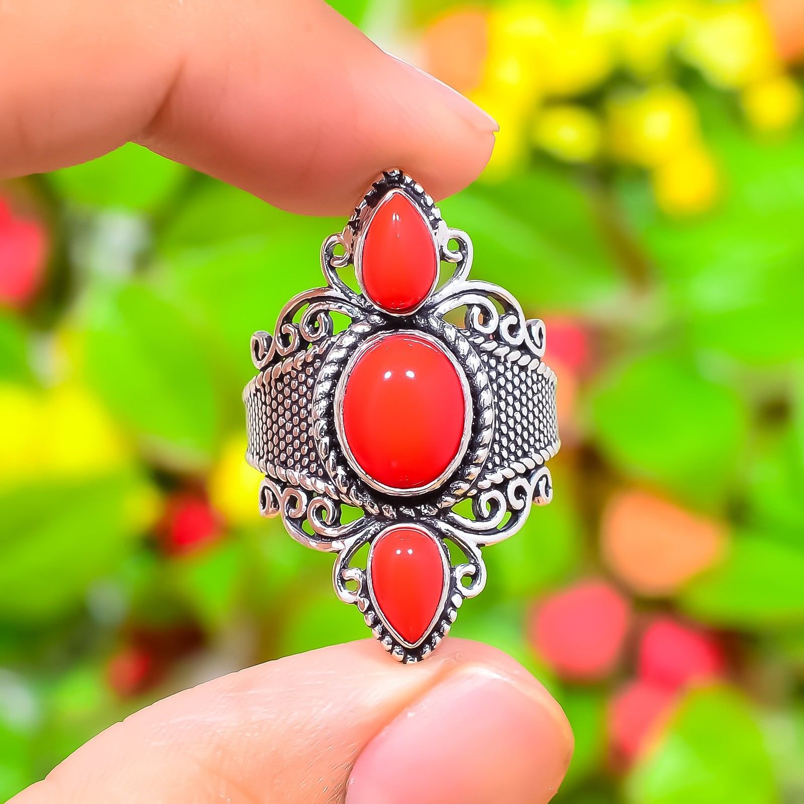 Natural Red Carnelian Gemstone Handmade 925 Sterling Silver Ring Size 10 l419
