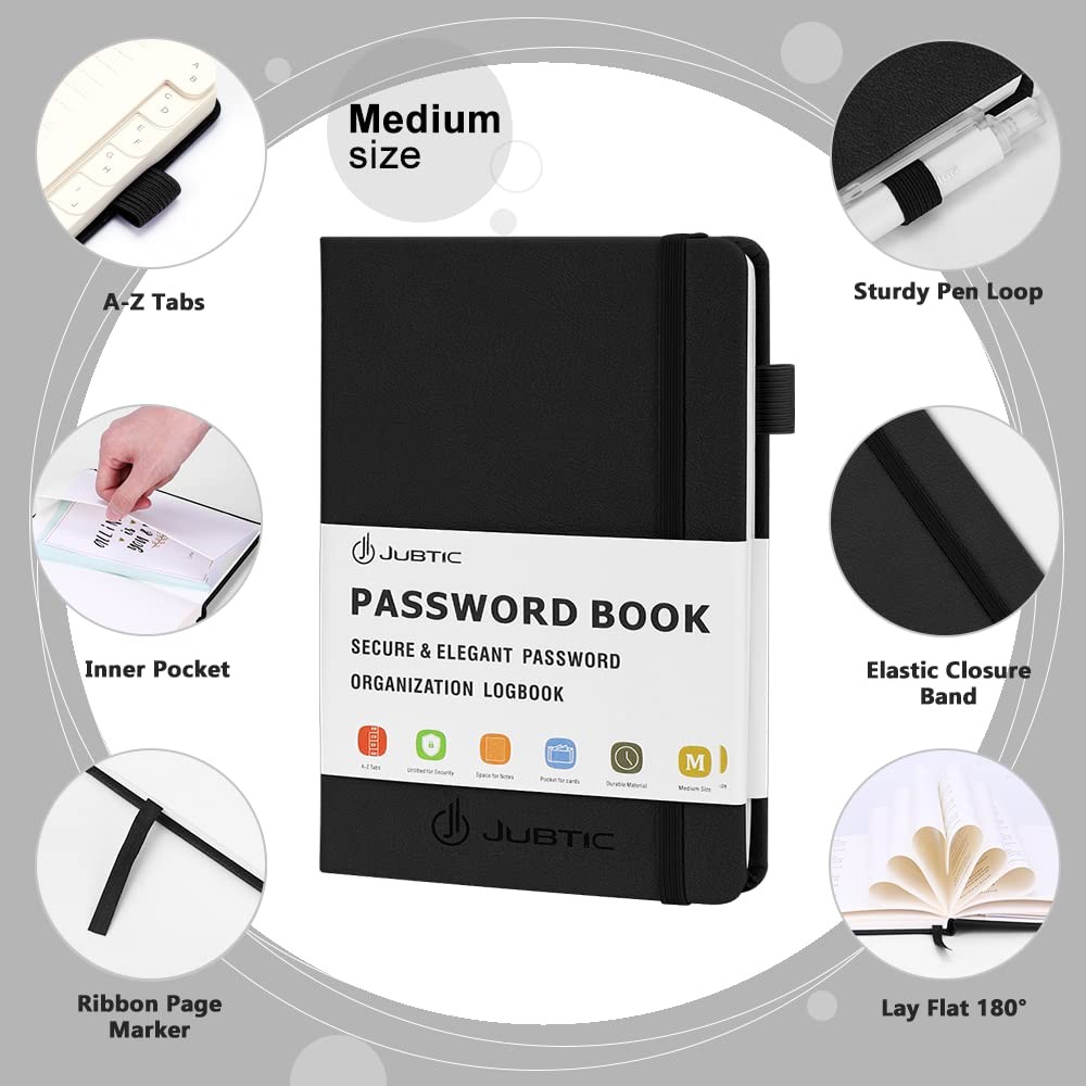Medium Black Password Keeper Book with Alphabetical Tabs and Secure Storage