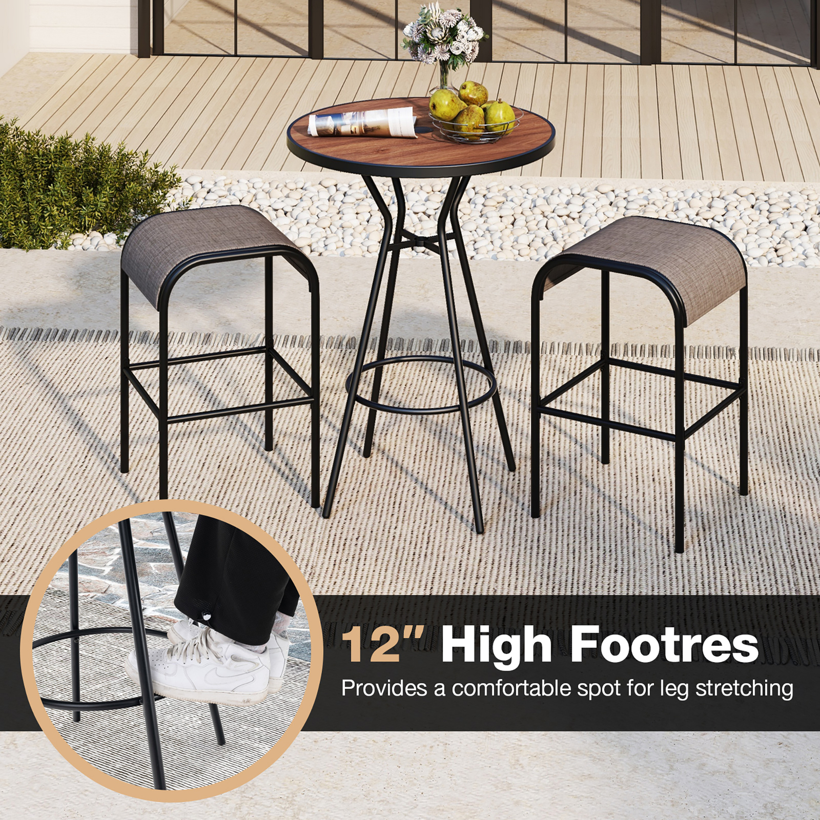 3 PCS Patio Bistro Set Round Table w/ 1.6'' Umbrella Hole & 2 Stools Metal Frame