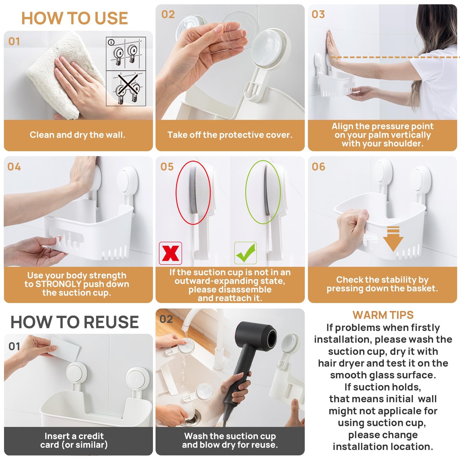 LEVERLOC Shower Caddy Suction Cup, Rectangle Caddy, White