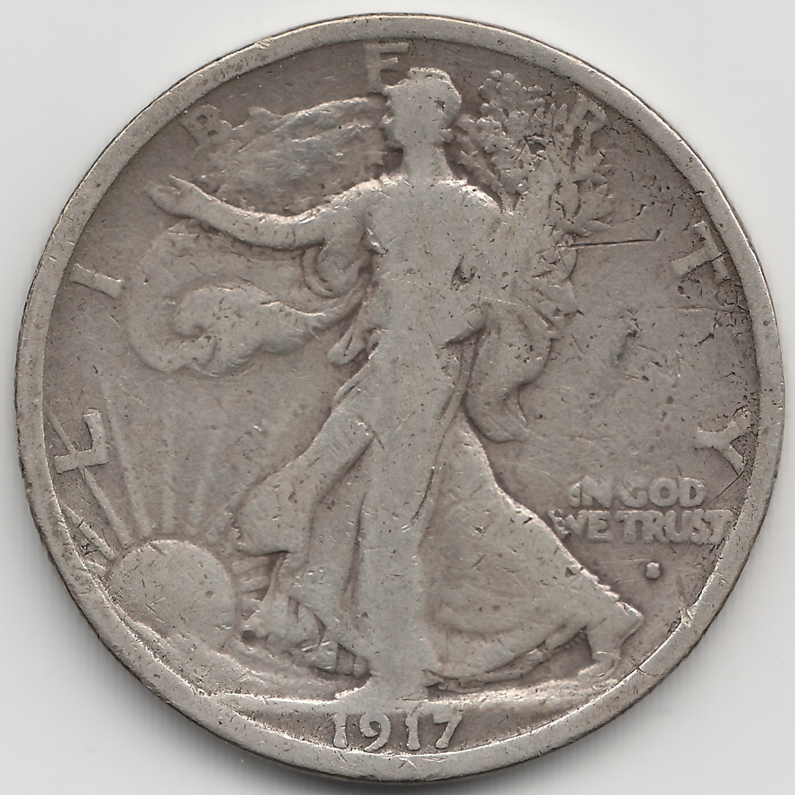 1917 S Obverse Walking Liberty Half Dollar, VG, damaged, bent