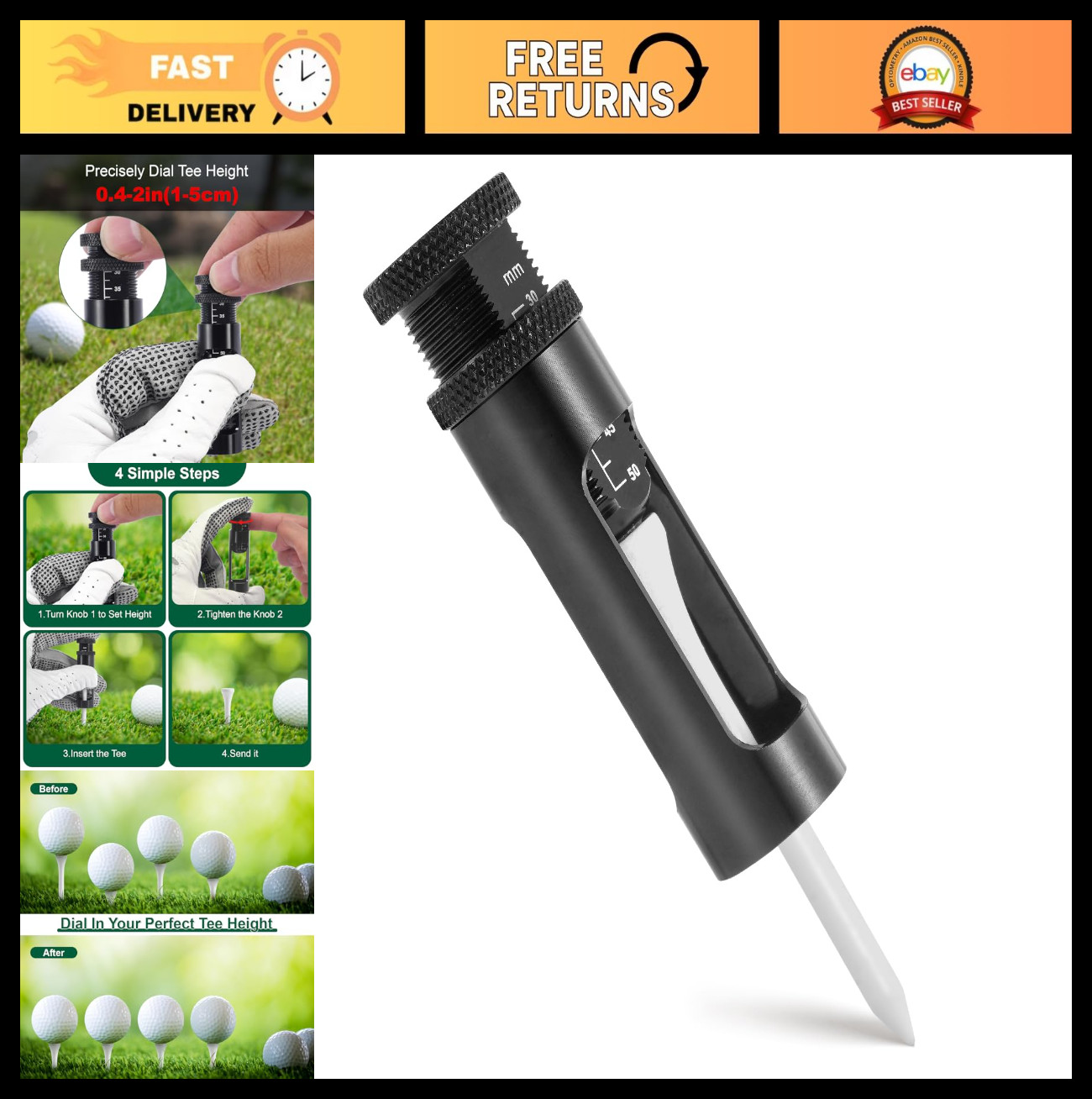 Adjustable Golf Tee Height Tool - Aluminum Setter with Scale for Consistent Swin