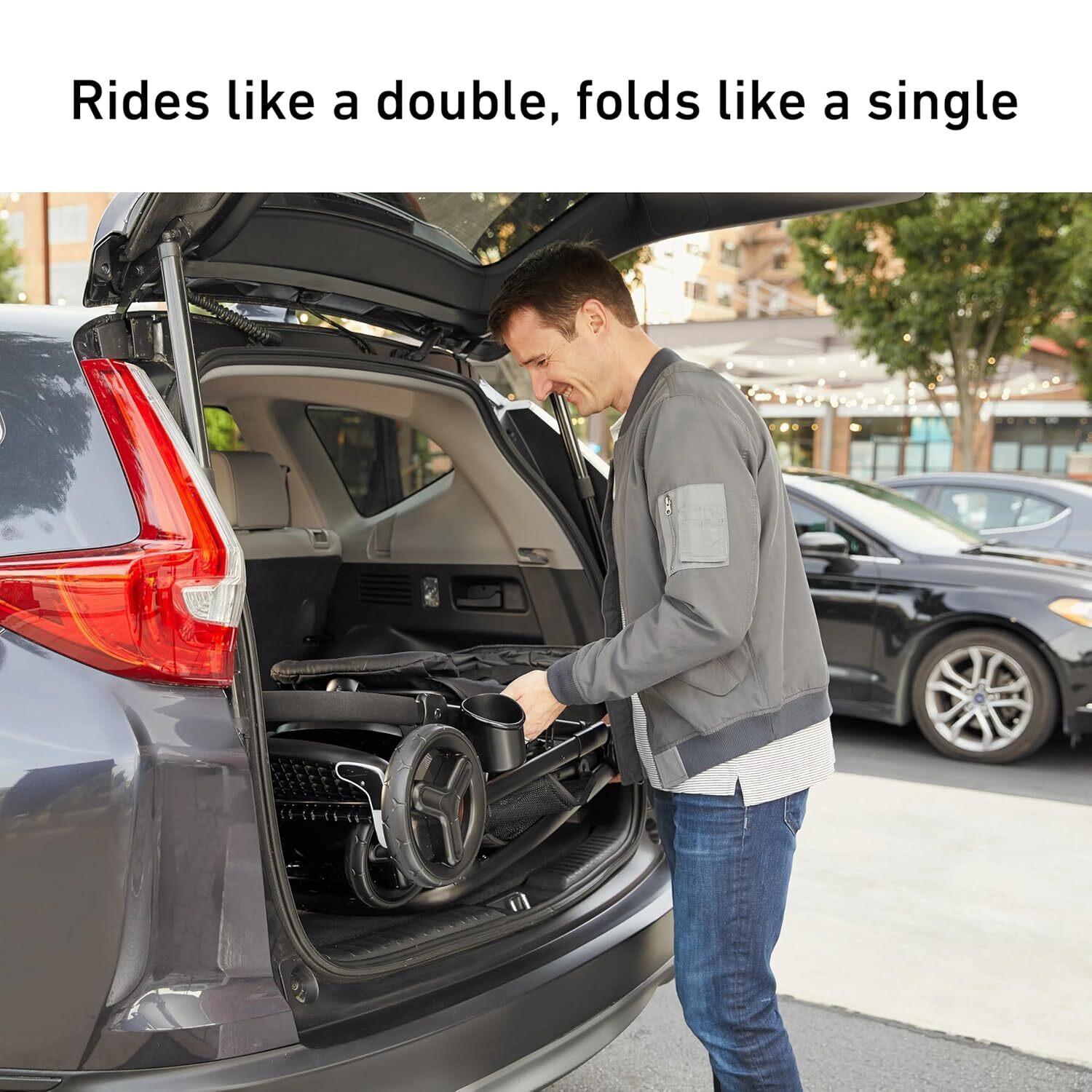 Double Stroller Features Bench Seat and Standing Platform Options
