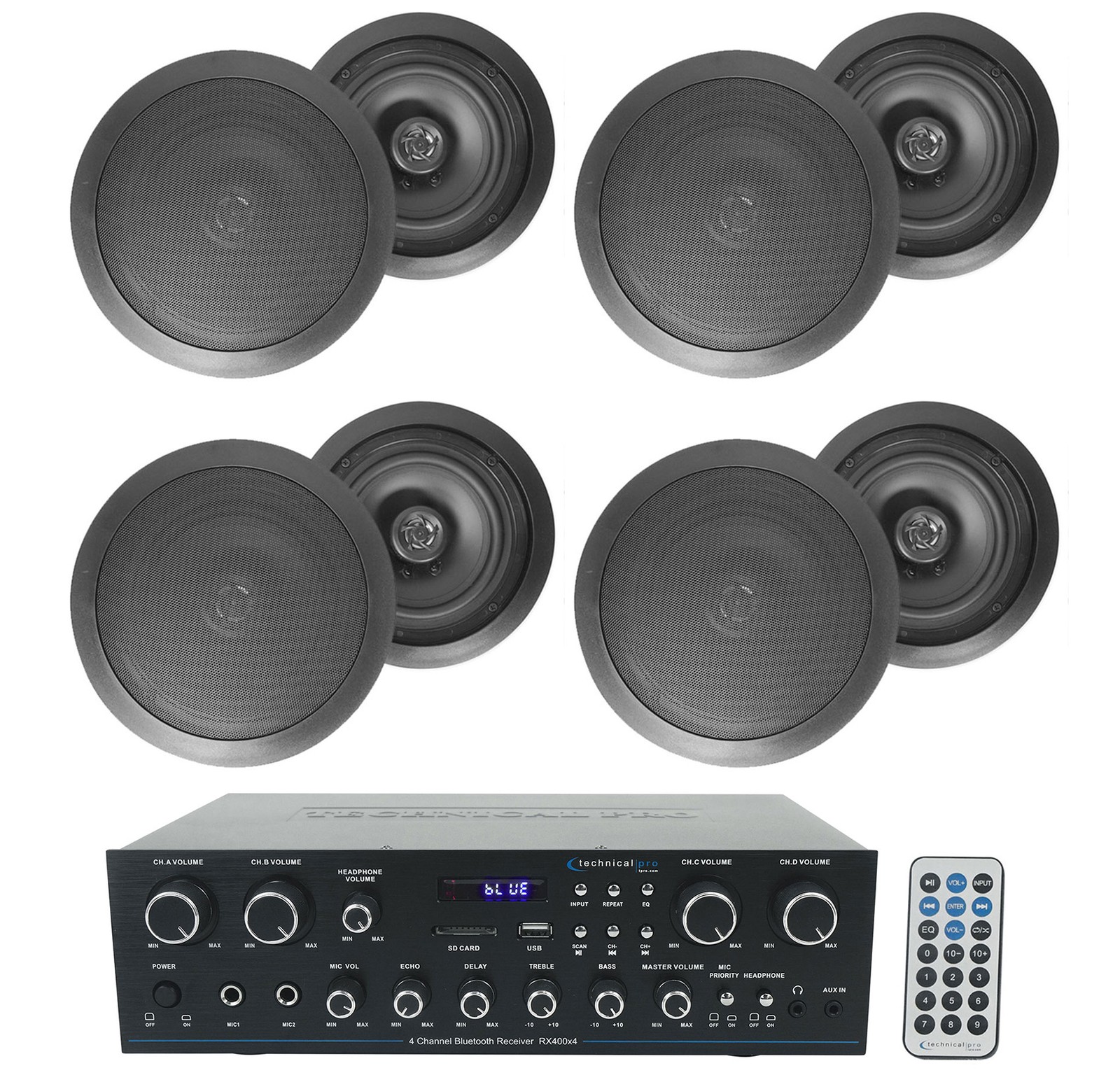 Technical Pro RX400X4 Bluetooth Home Receiver Amp+8) 6.5" Black Ceiling Speakers