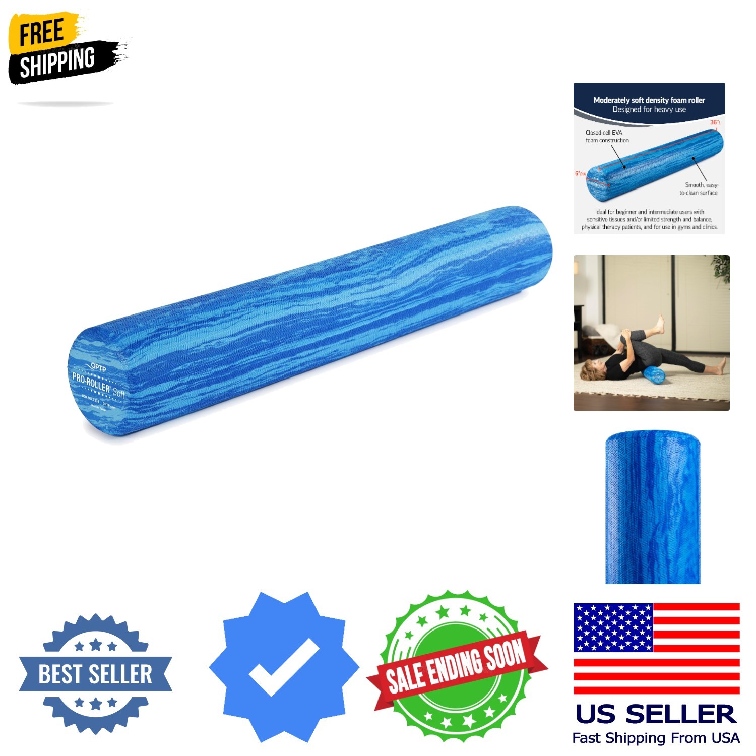 PRO-Roller Soft Density Foam Roller – Round, Blue, 36" x 6" | Soft foam rolle...